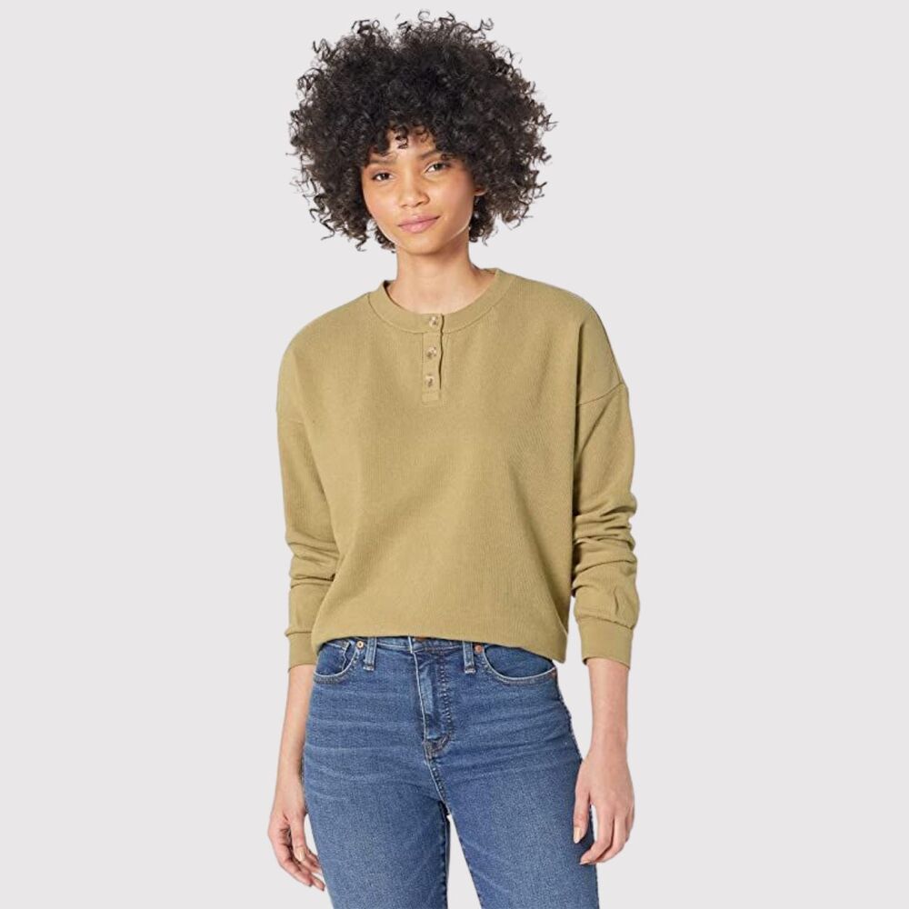 Madewell Women Top Green Drop Shoulder Henley Tee Long Sleeve Pullover Casual XS